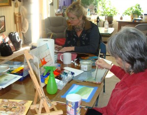 painting hand made cards in art lessons with Lillian Kennedy