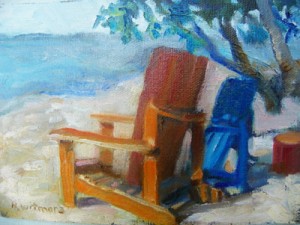 "Nomartini Chairs", Nyla Witmore, oil on board, Weekly Art Lesson Adirondack chair study