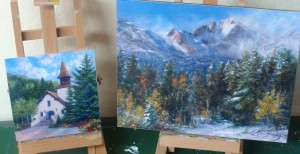Vail Chapel and Longs Peak - two giclees by Lillian Kennedy used as references for the commission