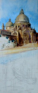early stage of acrylic painting of Venice - Santa Maria della Salute.  Lillian Kennedy
