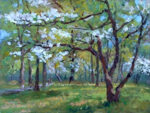 acrylic plein air landscape painting, Lillian Kennedy, Dogwood in Alley Pond Park
